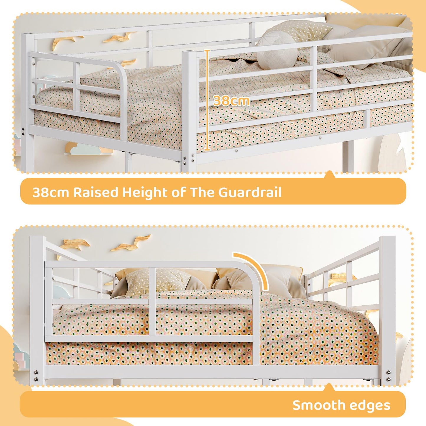 Bonnlo Metal Bunk Bed, Single over Single Loft Bed Frame with 38cm High Full-Length Guardrail & Non-Slip Ladder, Space-Saving Twin Over Twin Bunk Bed