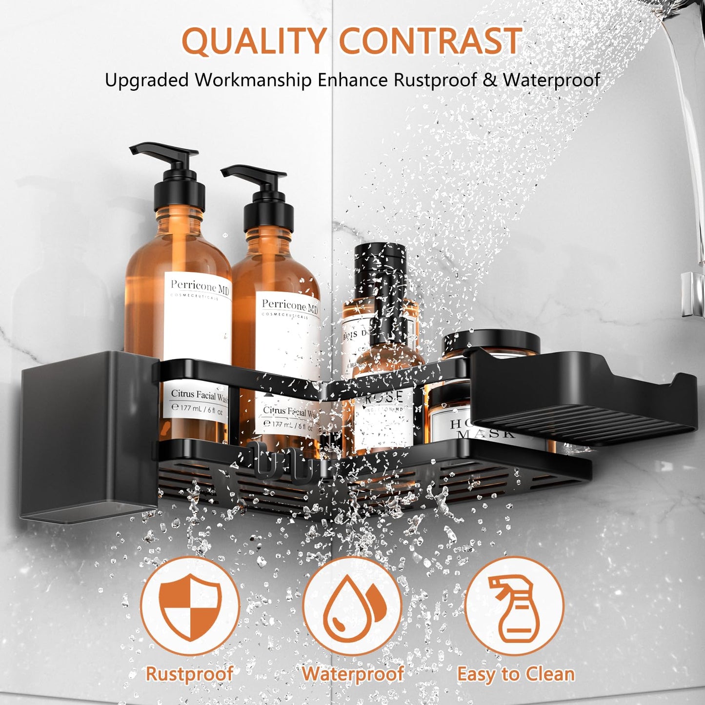 Shower Shelf No Drilling 2 Pieces Corner Shower Shelf Bathroom Shelf Black Shower Gel Holder with 2 Plastic Toothpaste Holders and 4 Removable Hooks