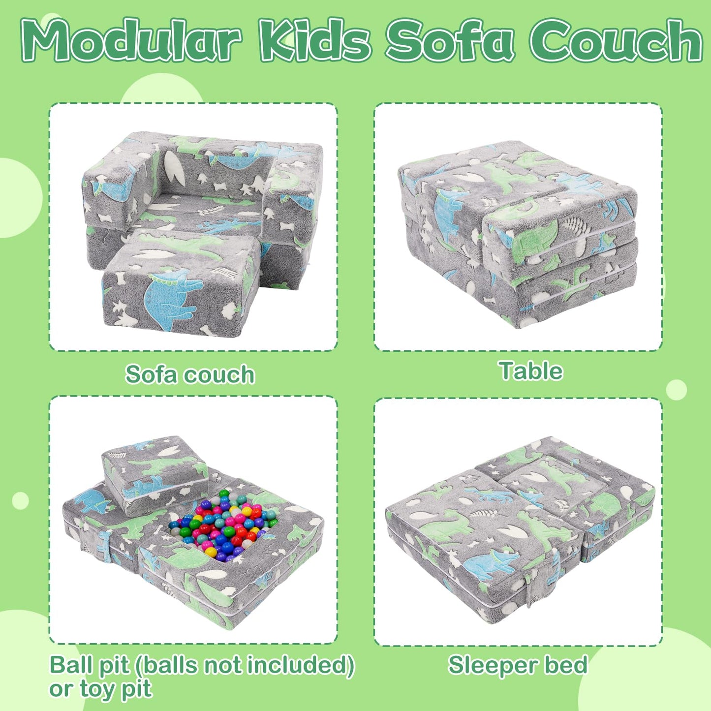 YULEYU Kids Sofa, Fold Out Toddler Sofa Chair, Children Convertible Sofa Bed, Pull Out Couch for Boys and Girls (beige) (Grey/Green)