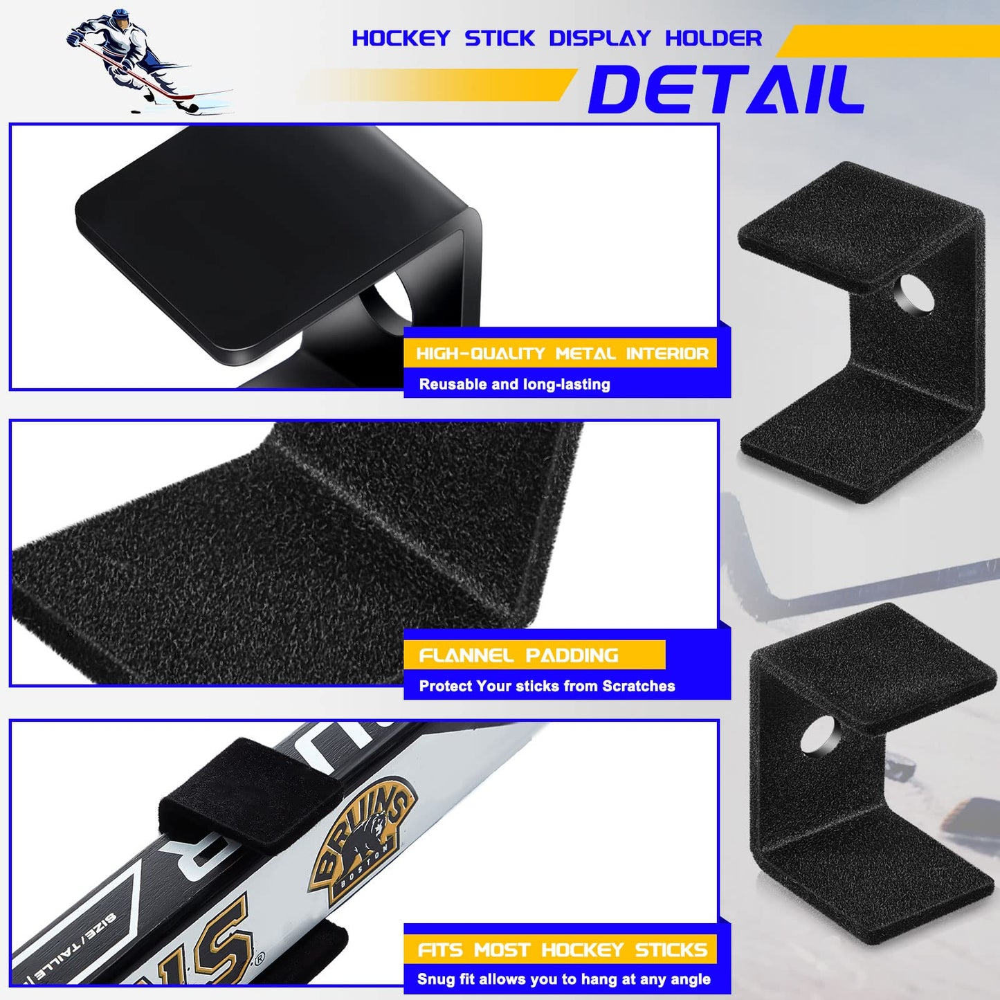 Dunzy 6 Pcs Black Hockey Stick Wall Mount Display Holder Display Hanger Ice Hockey Stick Mount for Wall Bracket for Home Office Storage Organizer