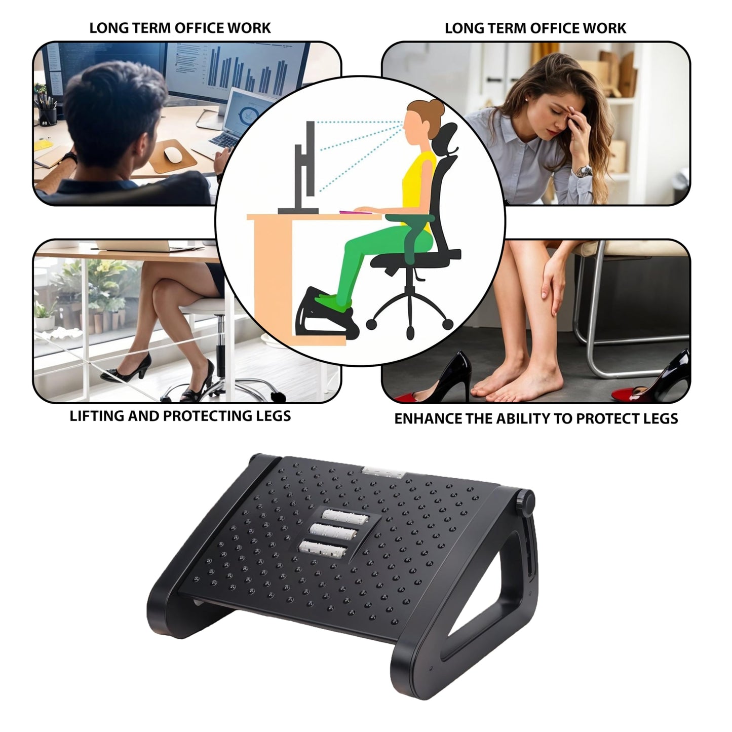 Foot Rest Under Desk Foot Stool| Adjustable Height Ergonomic Foot Rest Under Desk- Support for Office & Home with Massage Rollers, Non-Slip Surface