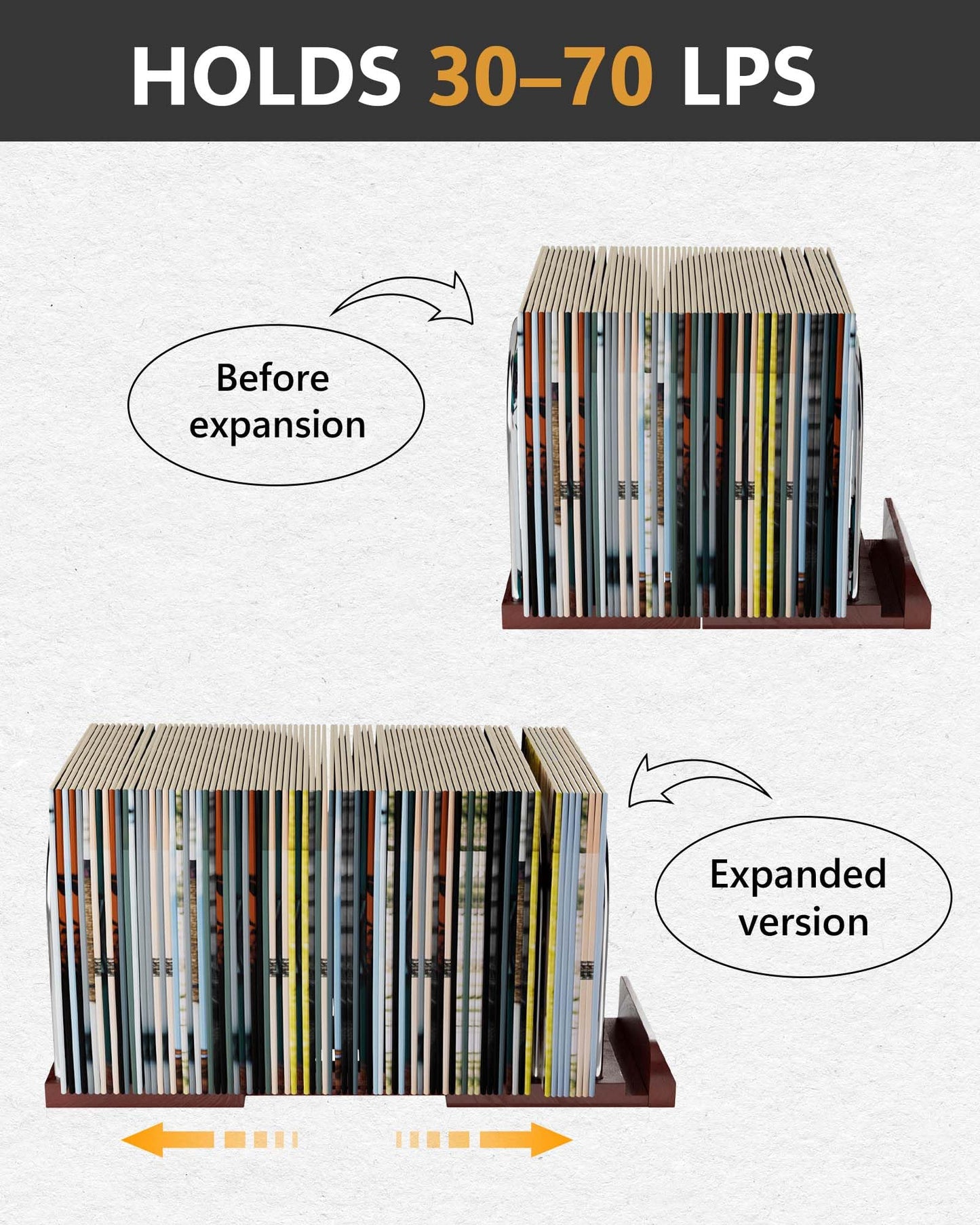 BS-VOG Vinyl Record Storage Stand, Expandable Holder for 30-70 LPs
