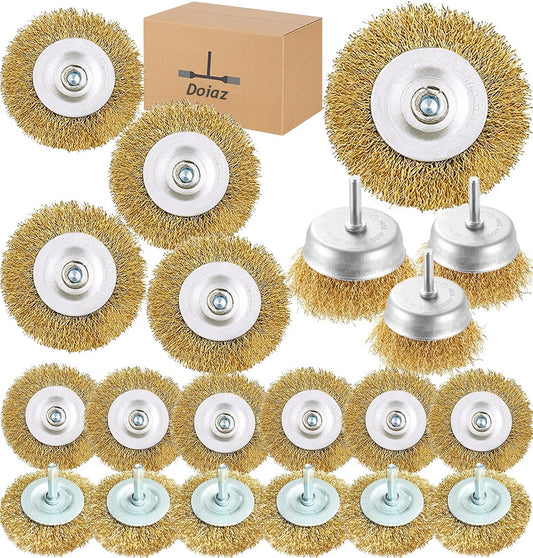 Wire Brush Cup Wheel Drills Set 20 Piece Wire Brush Kit Power for Drill 1/4 Inch Arbor Brass Coarse Carbon Crimped Cleaning Rust, Stripping, Abrasive