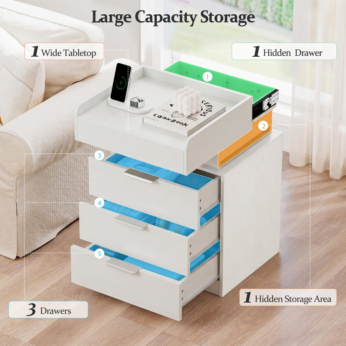 Quikraen White Bedside Table with LED, Charging Station and Lockable Drawer