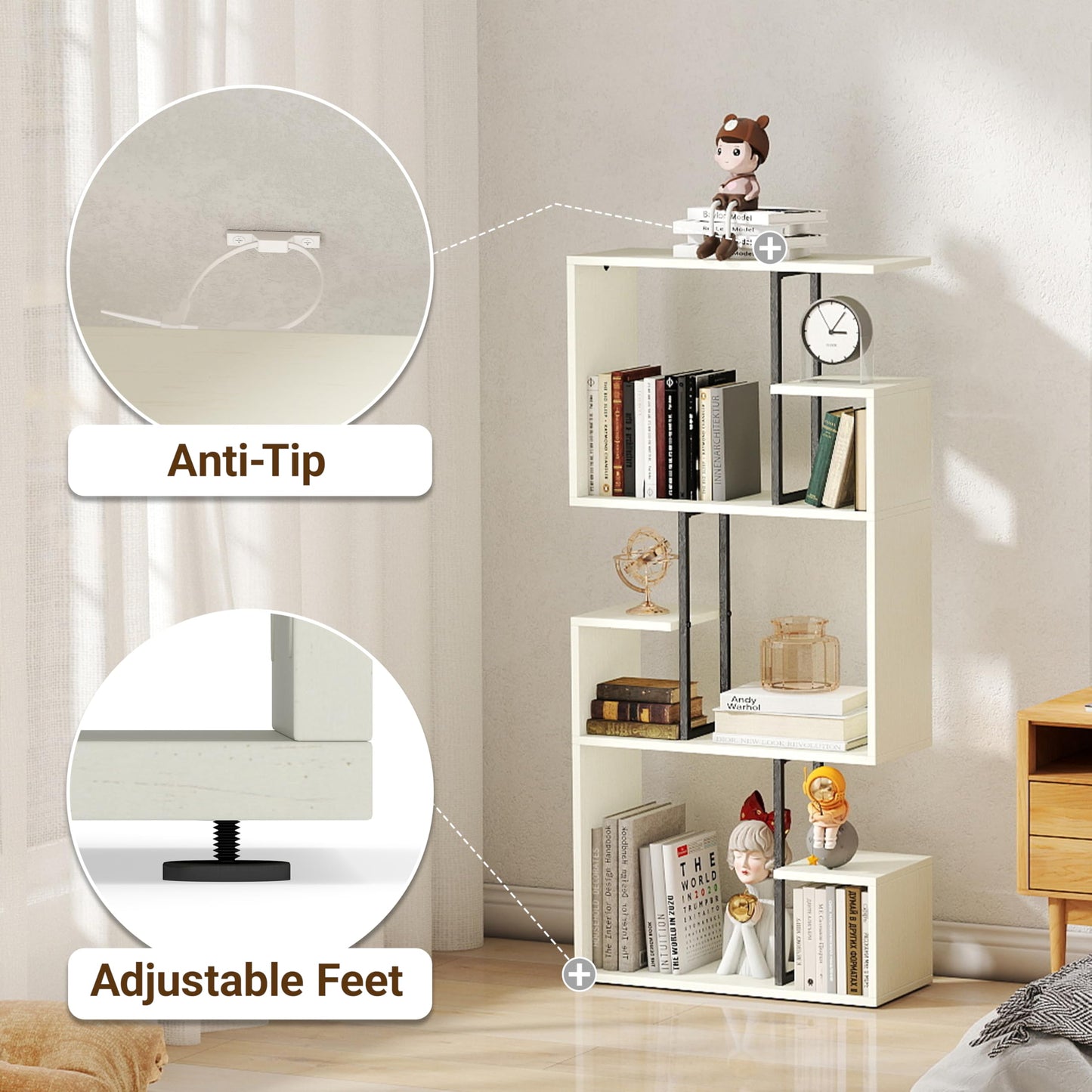 Manora White Bookcase 3 Tier Slim Freestanding Room Divider Shelves