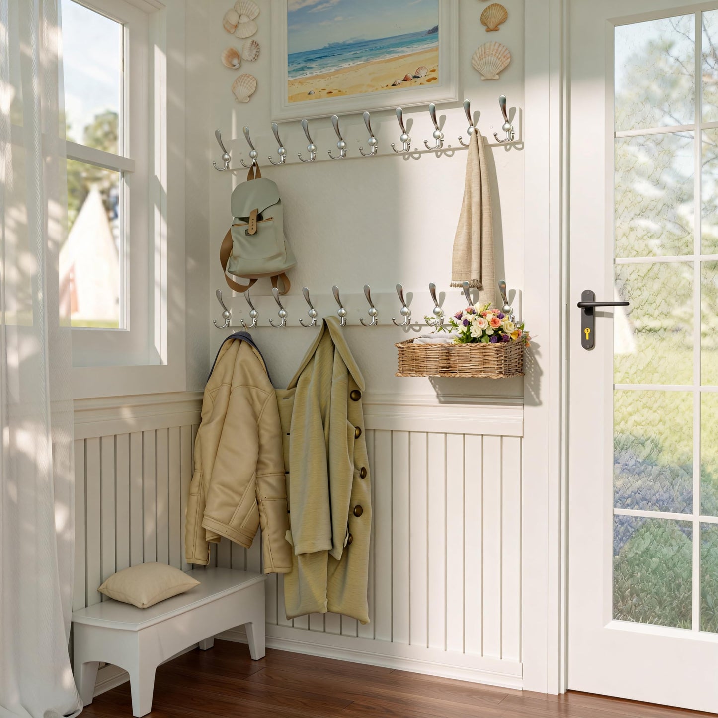 SKOLOO Creations White Solid Wood Wall Mounted Coat Rack, 10 Hooks, 38-1/8" Long - Kitchen, Mudroom, Entryway, Bathroom - Includes Mounting Hardware