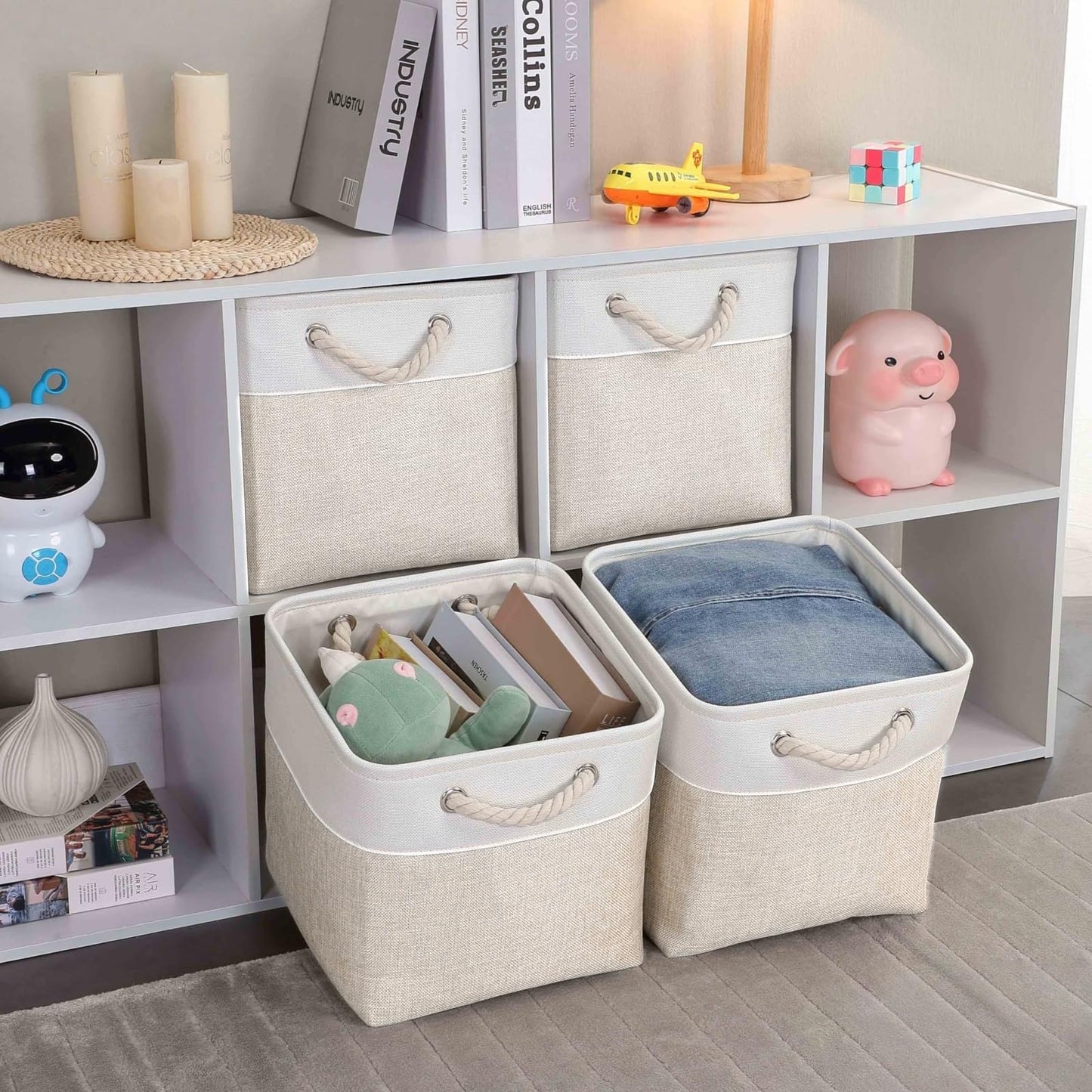 Mangata Fabric Storage Boxes,33x38x33cm Storage Baskets for Organizing Clothes Shelf Nursery Home Closet(Light Beige/White, Set of 4)