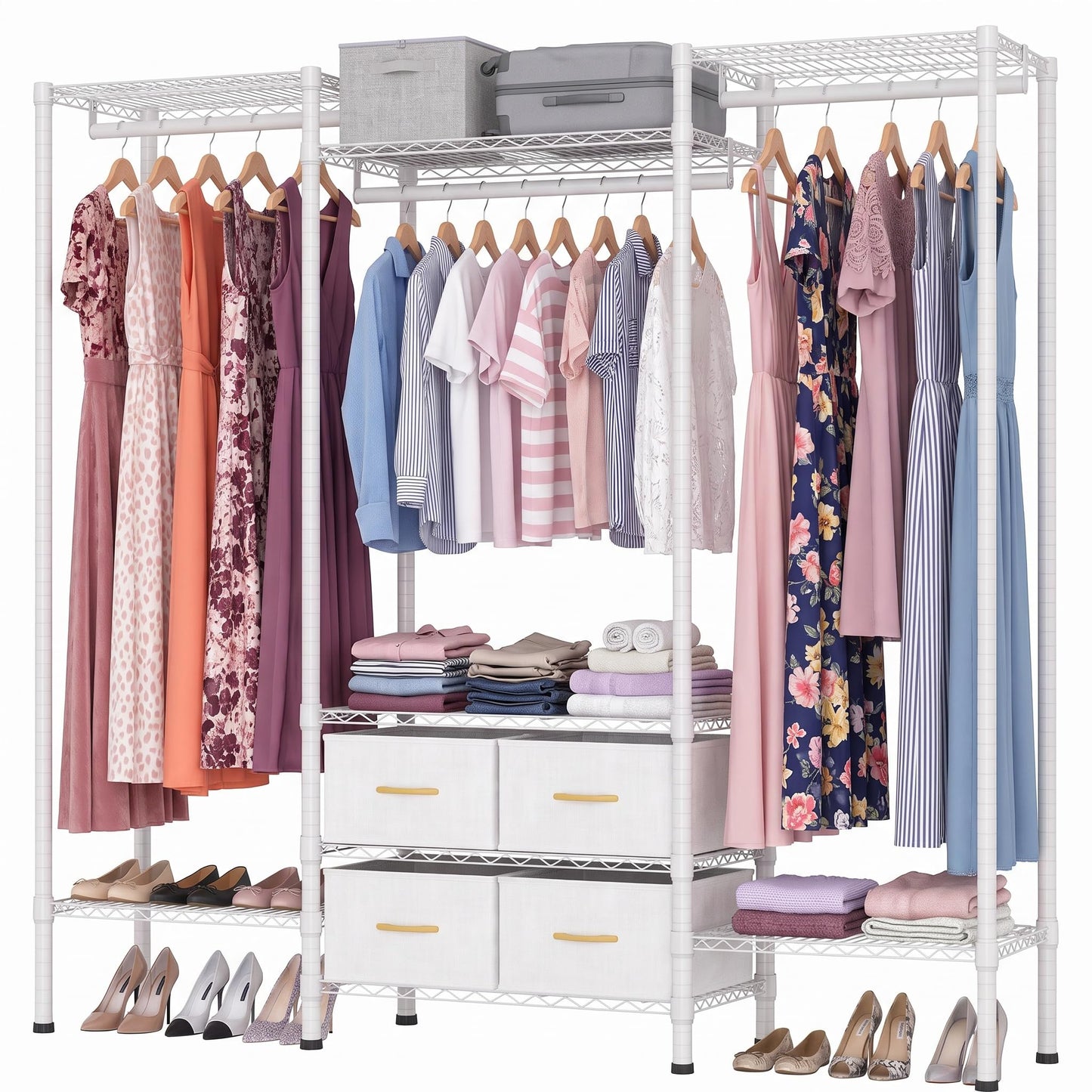Himimi Heavy Duty Clothes Rail with 4 Fabric Drawers, 8 Adjustable Storage Shelves & 3 Hanging Rods, Freestanding Strong Garment Rack