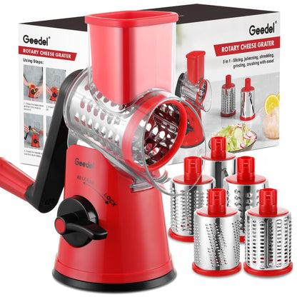 Geedel Cheese Grater, Vegetable Slicer with 5 Replaceable Blades, Rotary Drum Grater for Cheese Cucumber Carrot Potato Nut, Ice Crusher for Smoothie