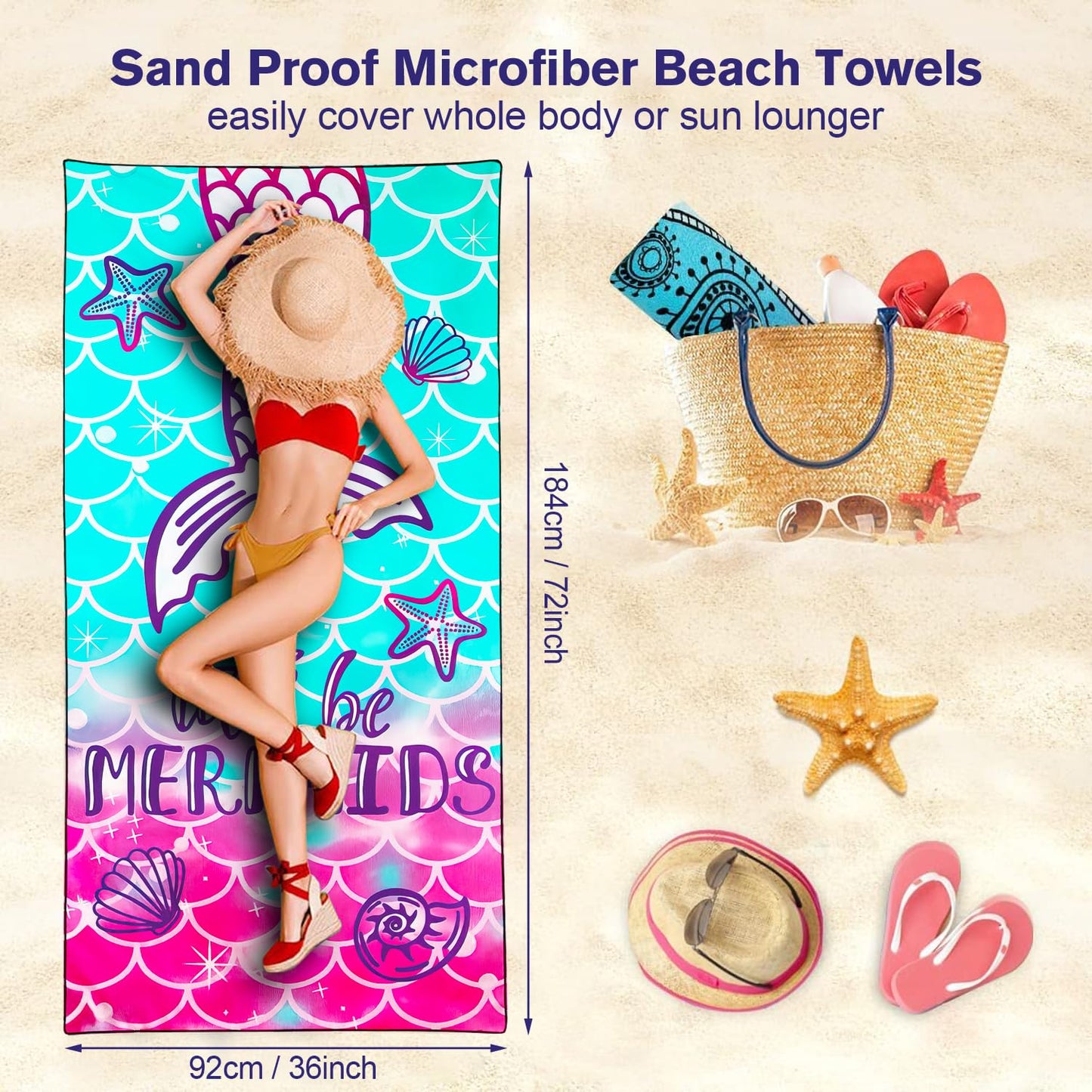 Violetpos Mermaid Tail 'Let's Be Mermaids' Beach Towel, Extra Large 180x90 cm 250GSM Microfibre, Sand Free Quick Dry