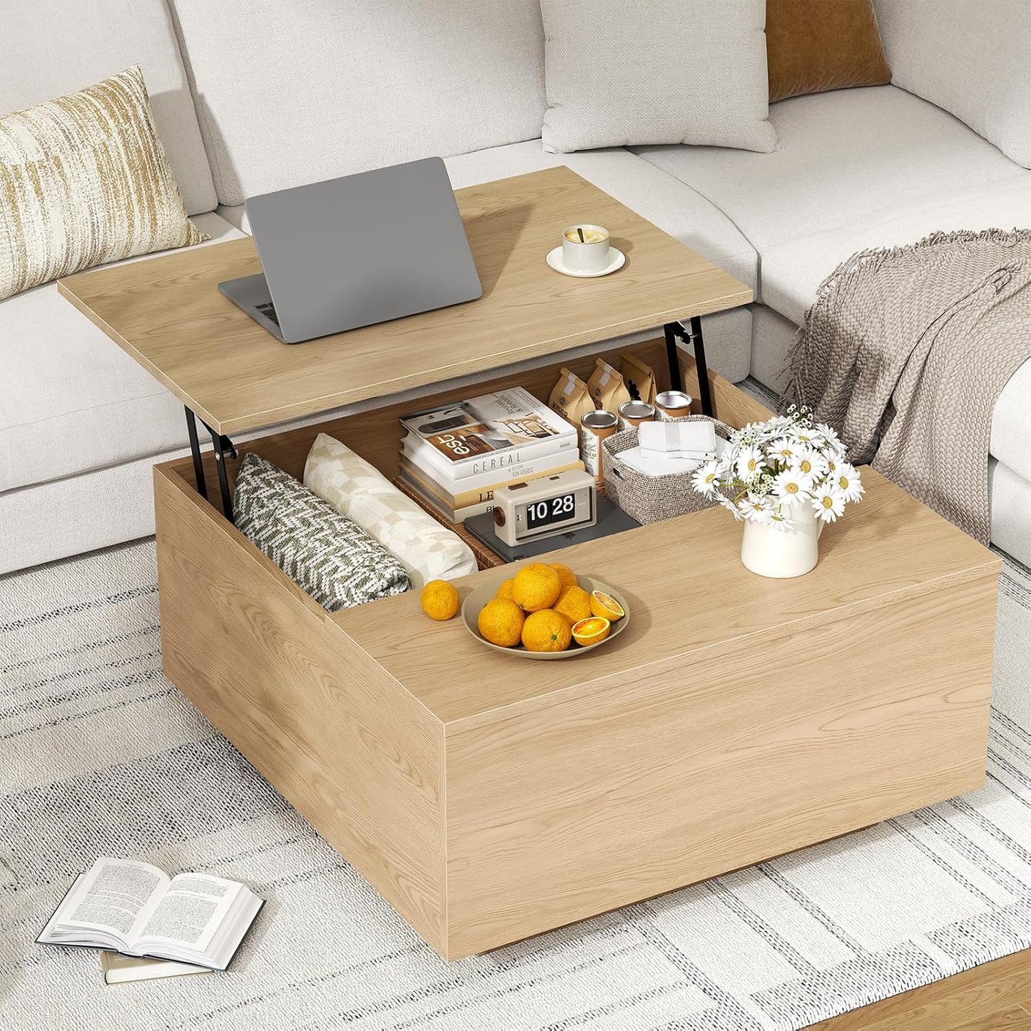 Mossora Natural Lift Top Coffee Table with Hidden Storage, 80 * 80 * 40cm