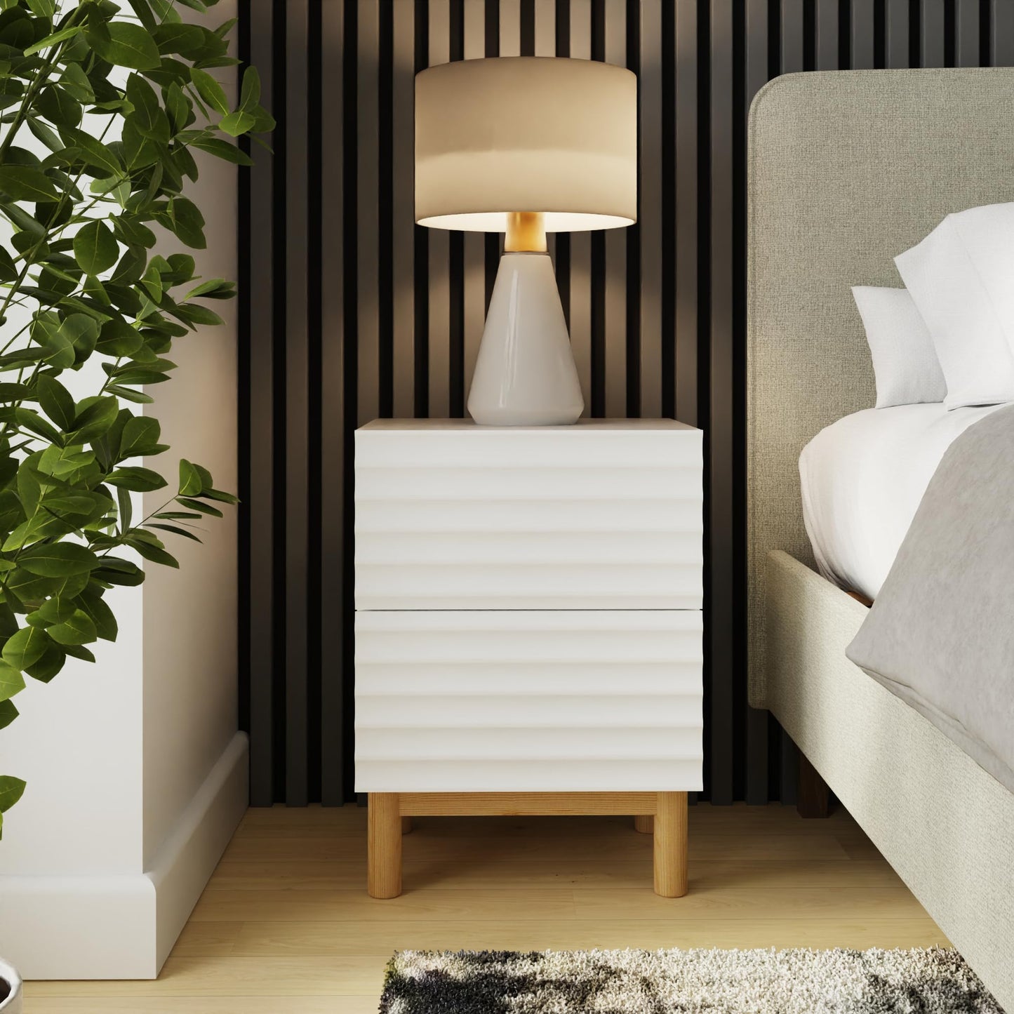 GFW Karla Bedside Table, White 2 Drawer Nightstand with Textured Front & Wooden Legs