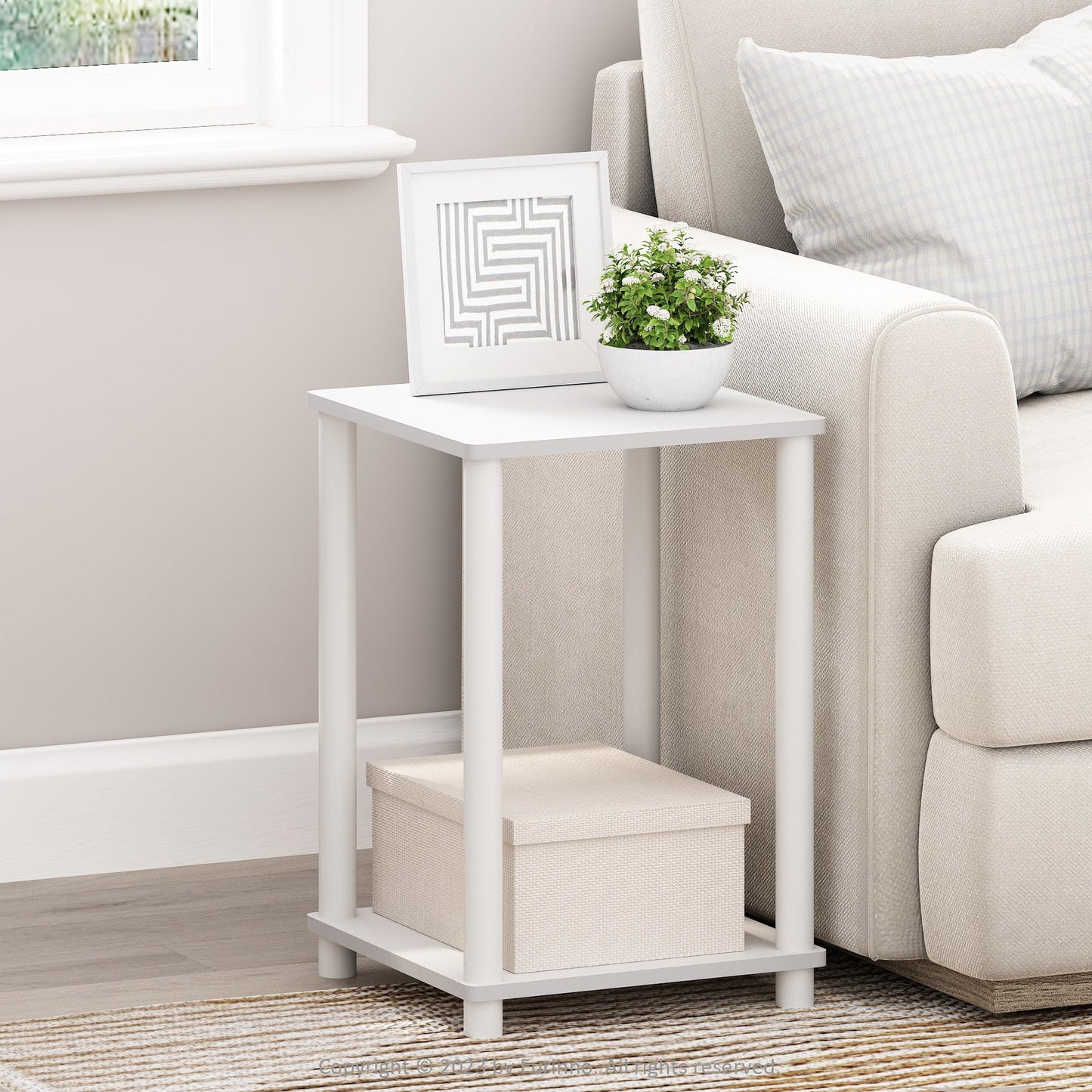 Furinno TURN-N-TUBE Side Table, 2-Tier End Table with Open Shelf, Toolless Night Stand, Bedside Table, for Living Room, Bedroom, White/White