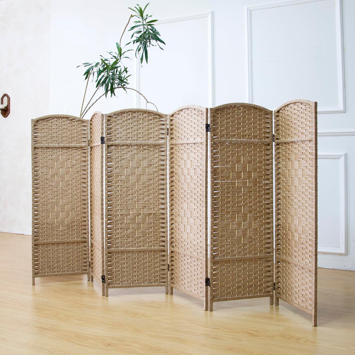 Furnnylane 6 Panel Light Brown Rattan Divider Short Room Partition Screen,Double Sided Short Folding Divider for Room Separation,120 cm Tall