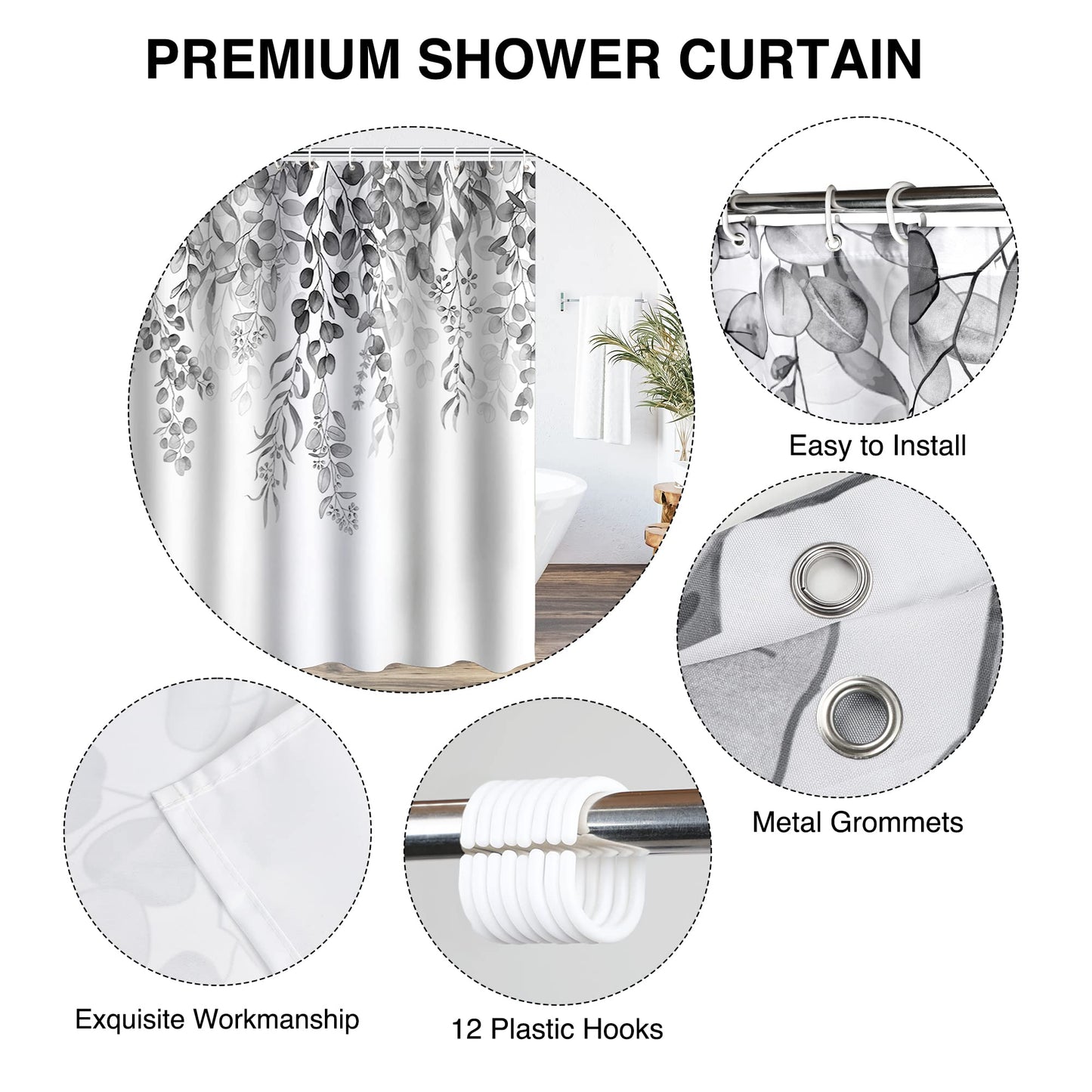WELTRXE Shower Curtains, Bathroom Shower Curtain with 12 Hooks, Waterproof Polyester Fabric Bathtub Curtain, Weighted Hem, Quick Dry