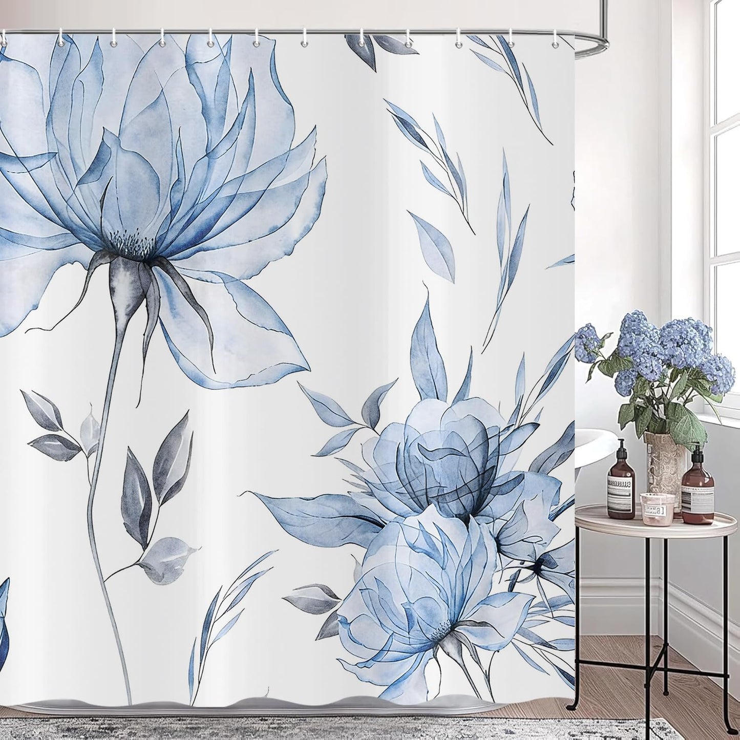 ASDCXZ Watercolor Floral Shower Curtain 180x200 cm, Ink Painting Style Blue Flowers Leaves Spring Plants Waterproof Bath Curtain Polyester Textile
