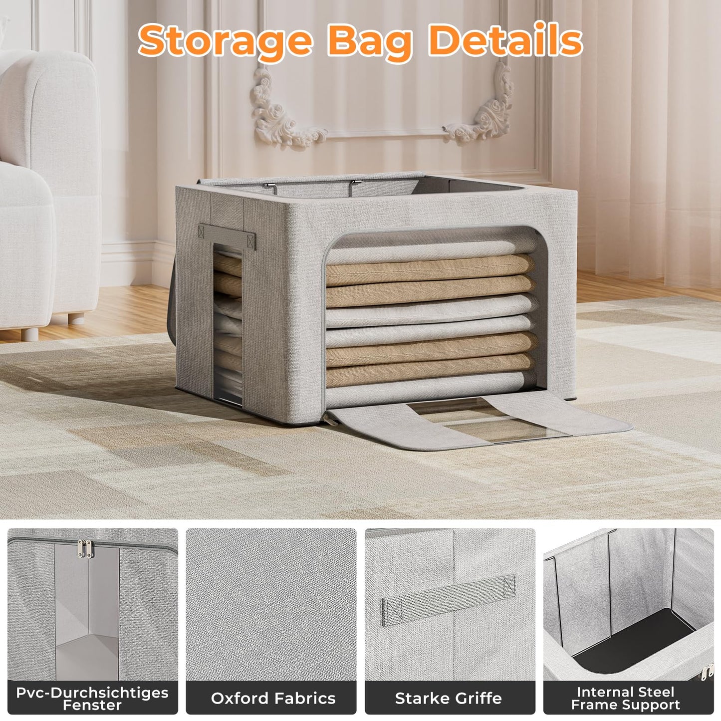Boic 3 Pack Clothes Storage Boxes With Metal Frame, 100L Foldable Storage Boxes For Clothes