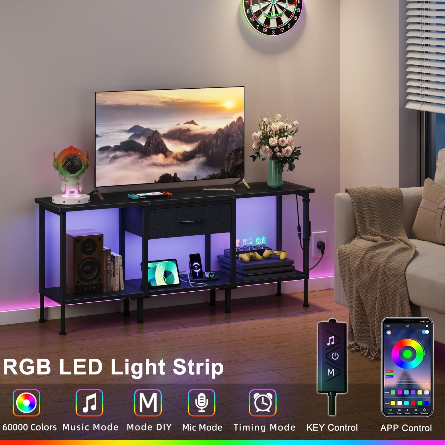OYRREU TV Stand Cabinet LED for 55 50 Inch, TV Unit with Socket, USB Slots