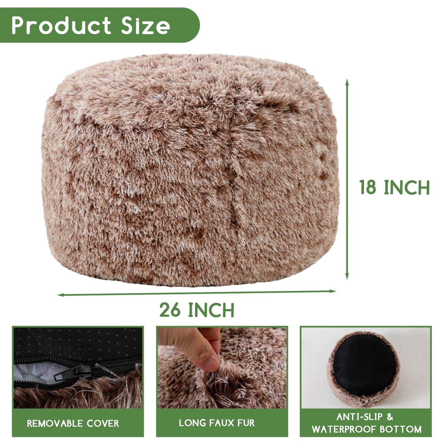 HIGOGOGO Faux Fur Beanbags Round Footstool Bean Bag Pouf with Foam Chunk Filling, 65 x 45 cm Floor Poufs Foot Rest for Living Room, Coffee