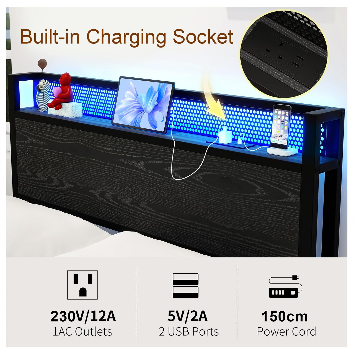 Diahomy 4ft6 Double Bed Frame with Storage Headboard&LED Lights,Black