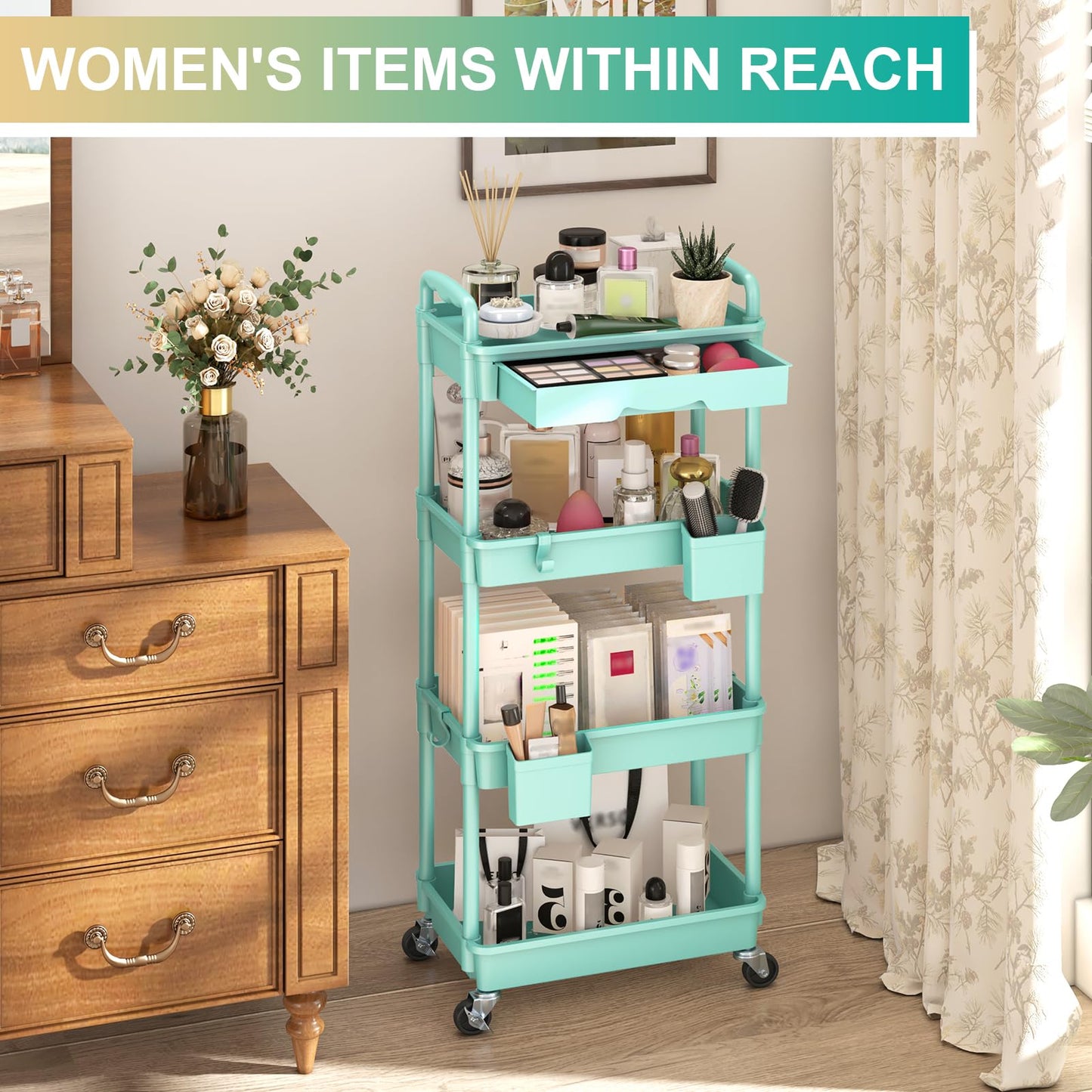 Yeabett 4 Tier Craft Trolley, Storage Trolley On Wheels Utility Cart With Drawer For Kitchen, Bathroom, Office, Living Room, Blue