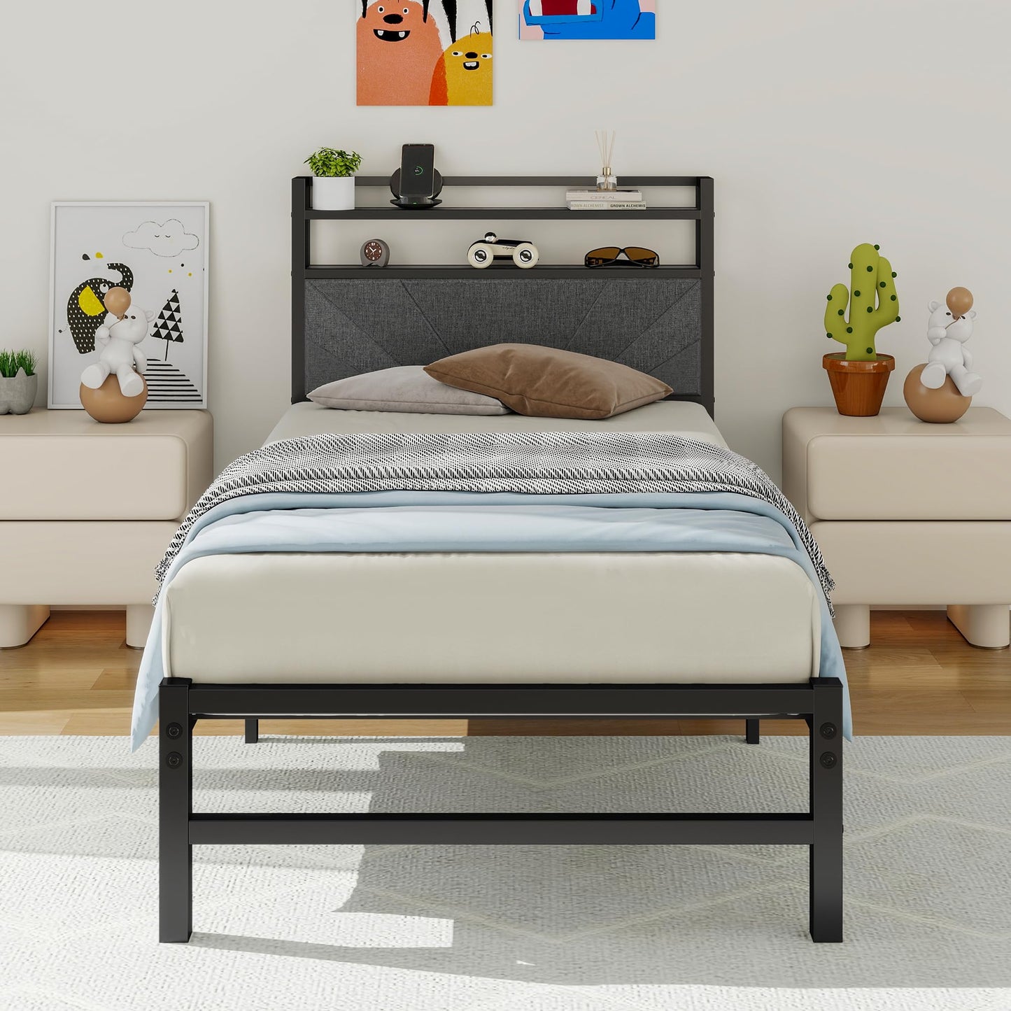 ARFARLY Bed Frame Single Bed Frame with Storage Headboard 90 x 200 cm Bed 90 x 200 cm