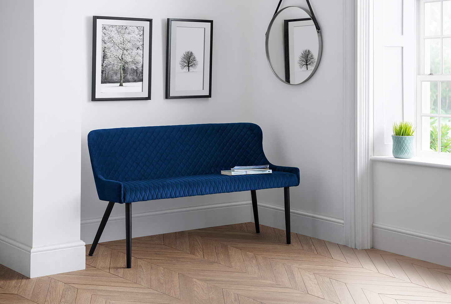 Julian Bowen Luxe Dining Bench for 2, High Back, Velvet, Blue - H82xW143cm