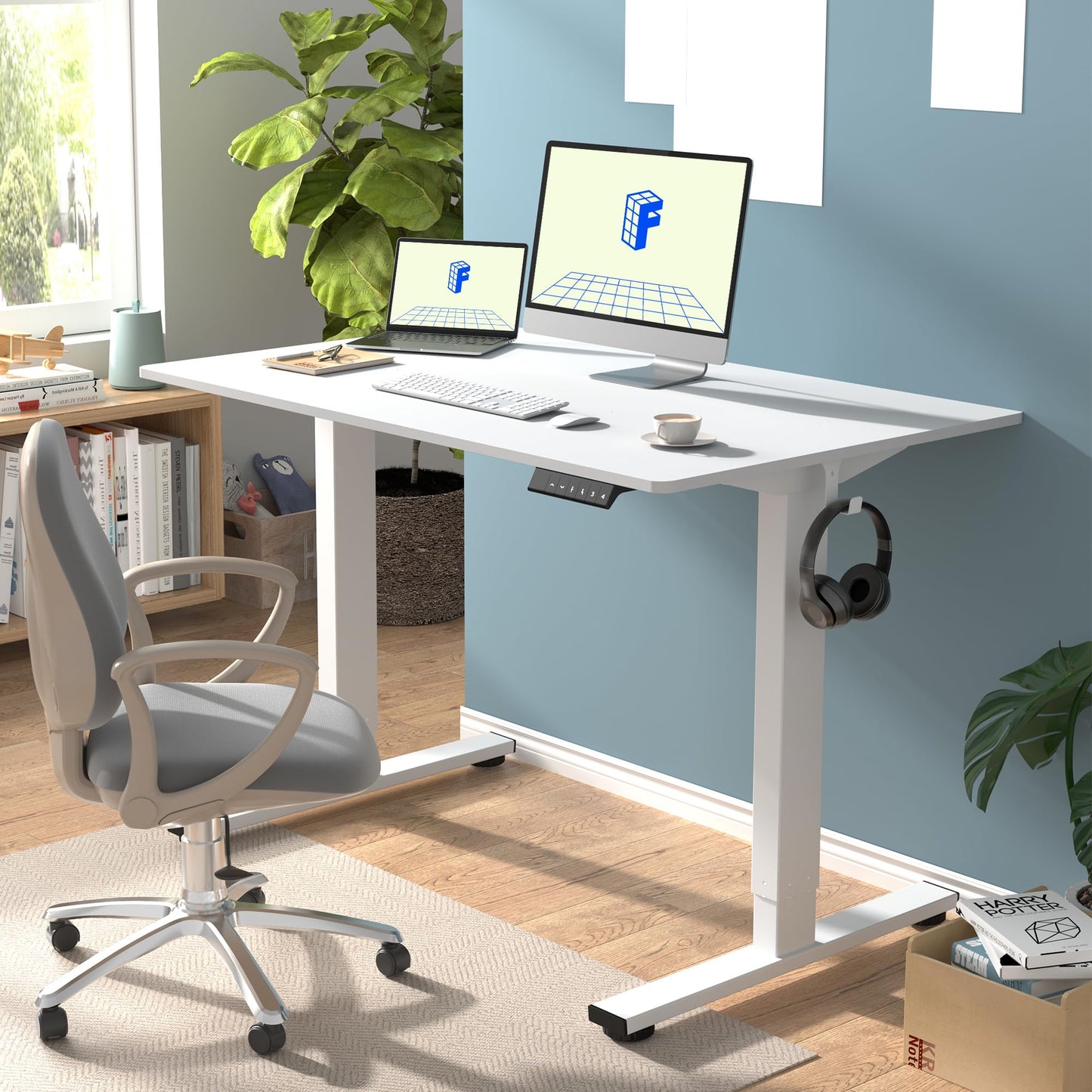 FLEXISPOT ONE PIECE Electric Standing Desk Height Adjustable Desk Sit Stand Desk with 4 Memory Smart Pannel and Backpack Hook for Home Office