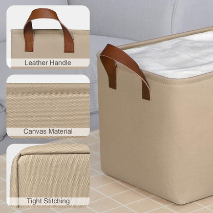 Syeeiex Storage Baskets for Shelves 4 Pack, Fabric Storage Boxes with Leather Long Handles, Foldable Storage Basket for Toys, Clothes