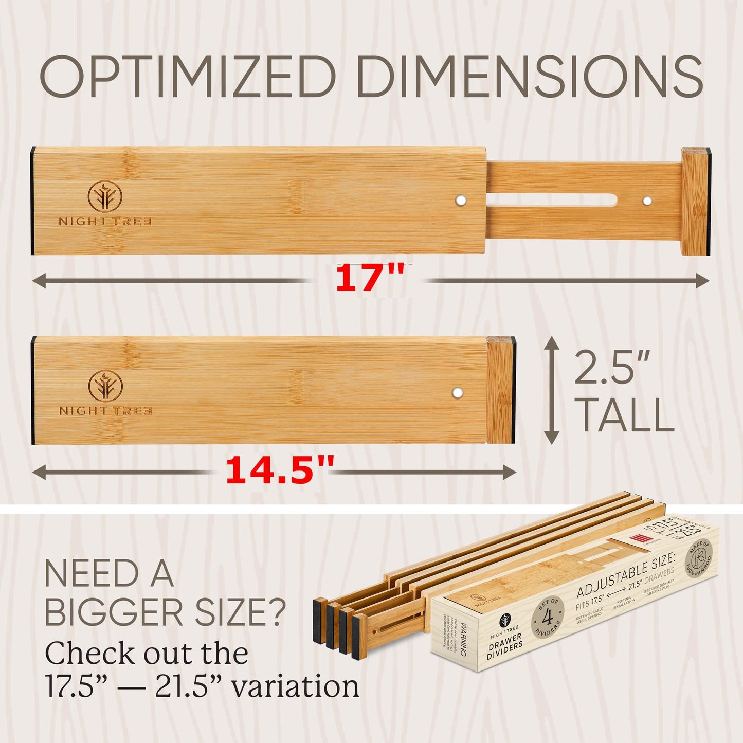 Night Tree Expandable Bamboo Drawer Dividers – Spring-Loaded Wooden Organizers for Clothes, Kitchen Utensils, Bathroom, and Dresser Drawers