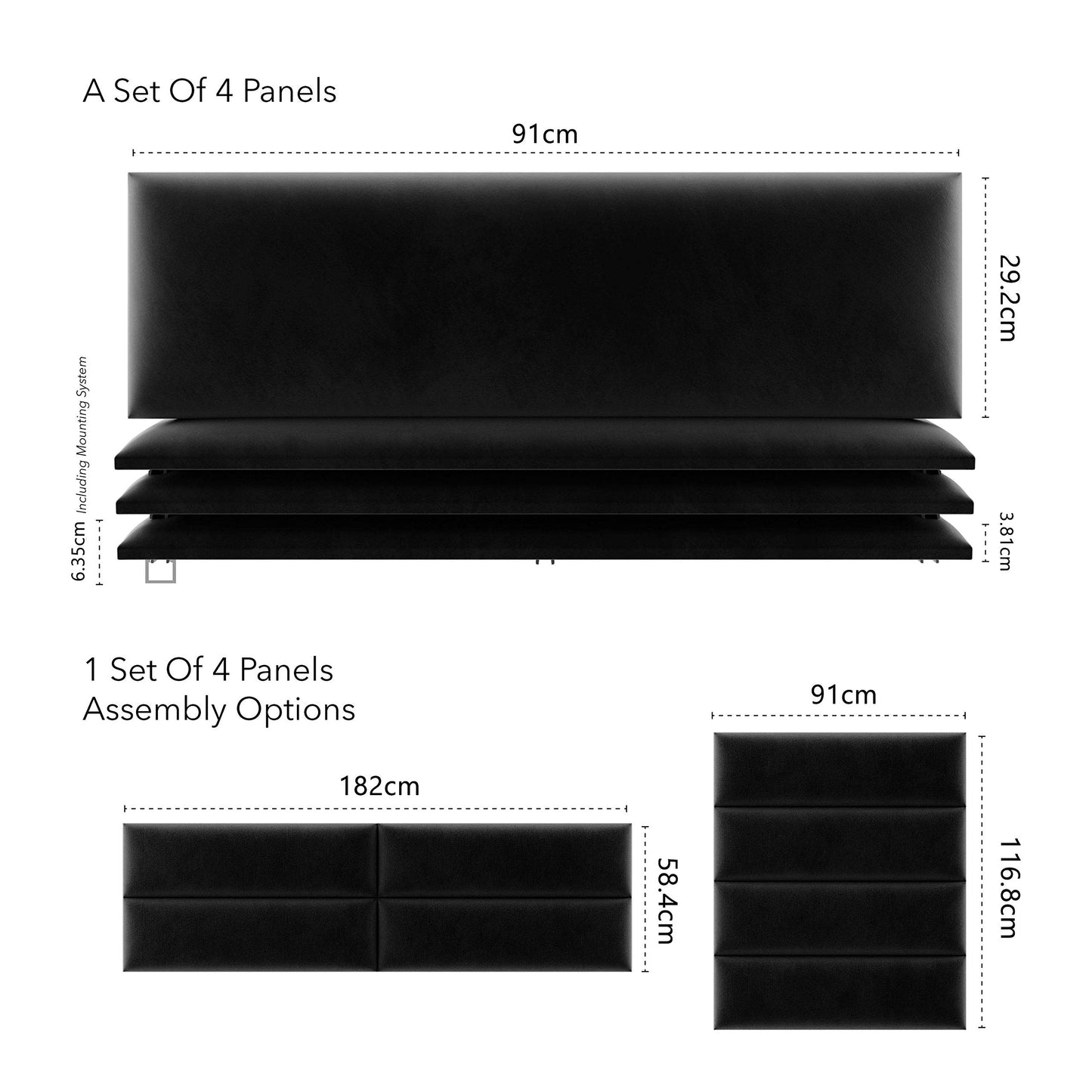 VANT Upholstered Headboards - Accent Wall Panels - Packs of 4 - Easy to Install - Single & Double bed Size (91cm Wide, Plush Velvet Black)