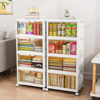 TidyTrove Storage Boxes with Lids, Plastic Storage Boxes with 1 Lid 28L/Tier, 4-Tier Stackable Storage Boxes with Wheels, Folding Storage Bins,