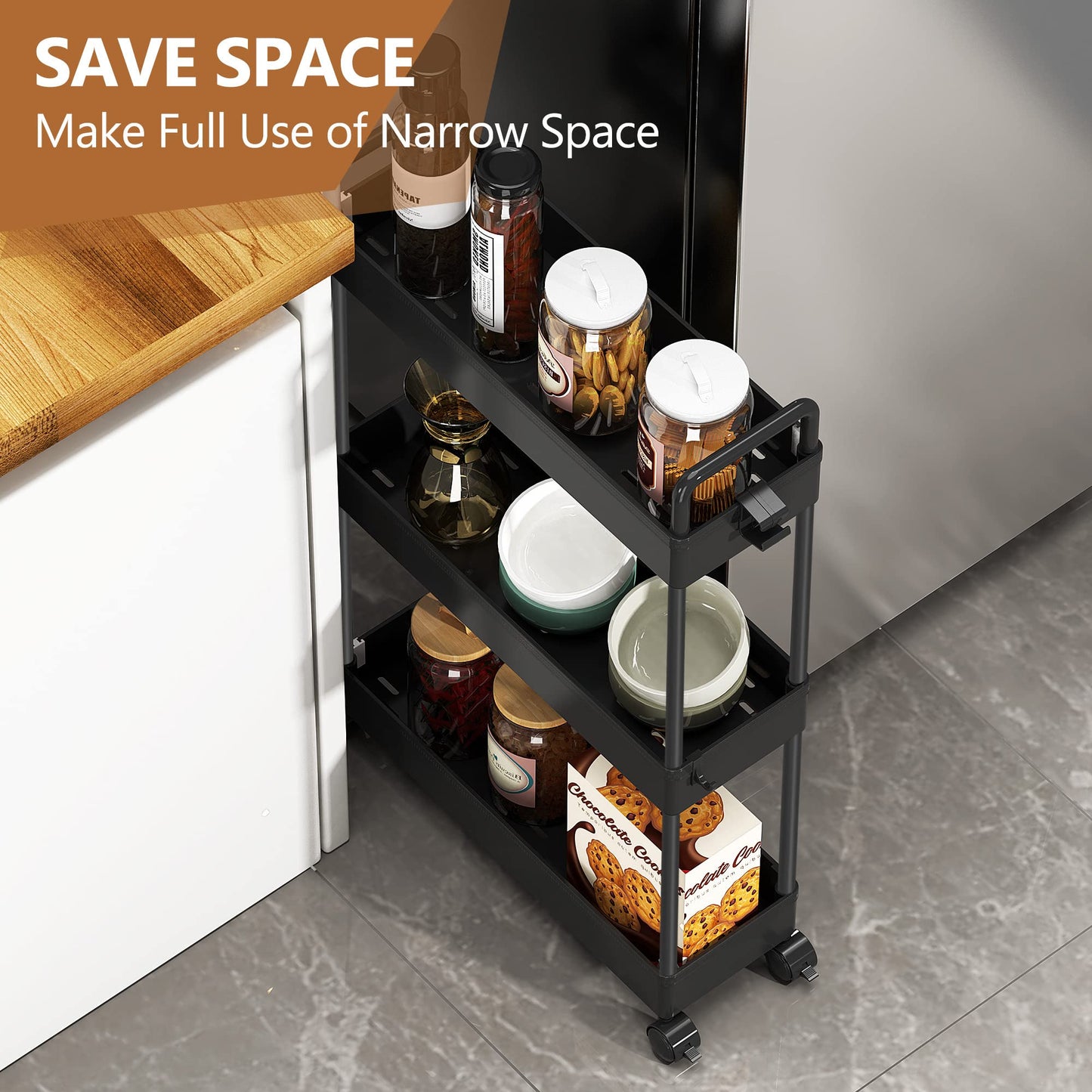 SOLEJAZZ 3-Tier Storage Trolley Cart Slide-out Slim Rolling Utility Cart Mobile Storage Shelving Organizer for Kitchen, Bathroom, Laundry Room