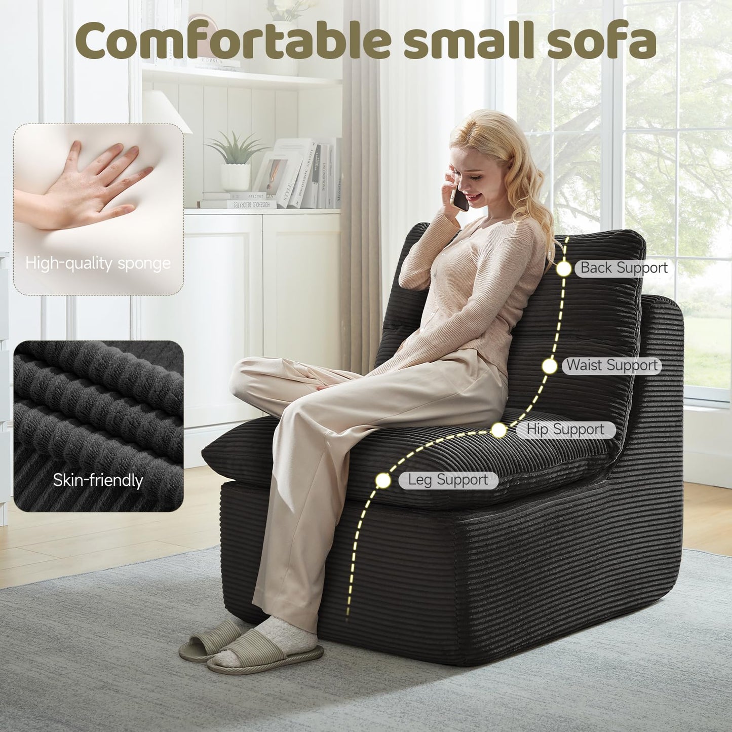 ROXGOX Boneless Chair Small Lounge Chairs for Adults, Memory Foam Single Sofa Bean Bag Chair for Living Room, Bedroom, Gaming Reading