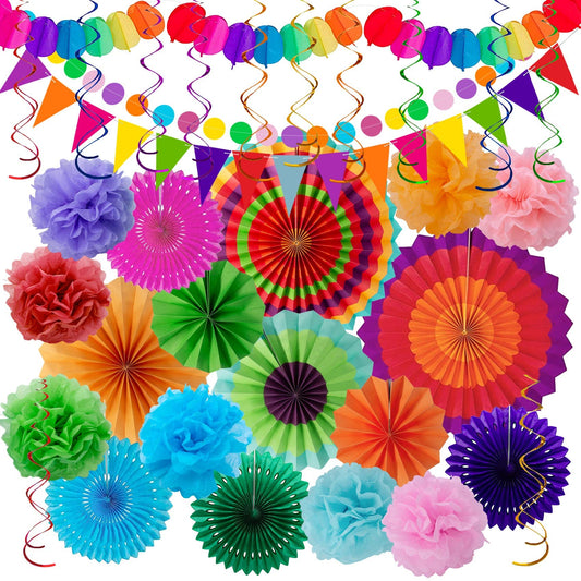Huryfox Fiesta Party Decorations - 33pcs Colorful Mexican Themed Hanging Paper Fans, Rainbow Pom Poms, Fiesta Bunting and Tissue Paper Streamers for