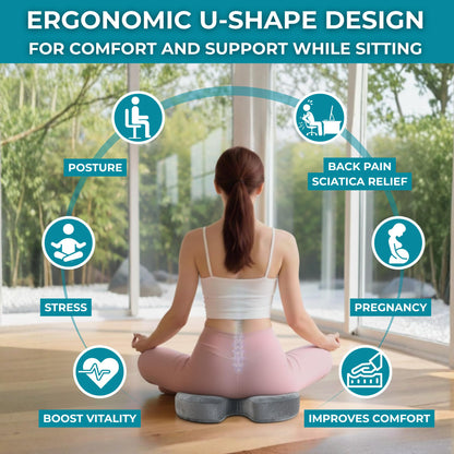 Famjoy Memory Foam Seat Cushion – Ergonomic U-Shaped Support for Back, Hip & Tailbone Pain Relief – Washable Non-Slip Cover – Grey