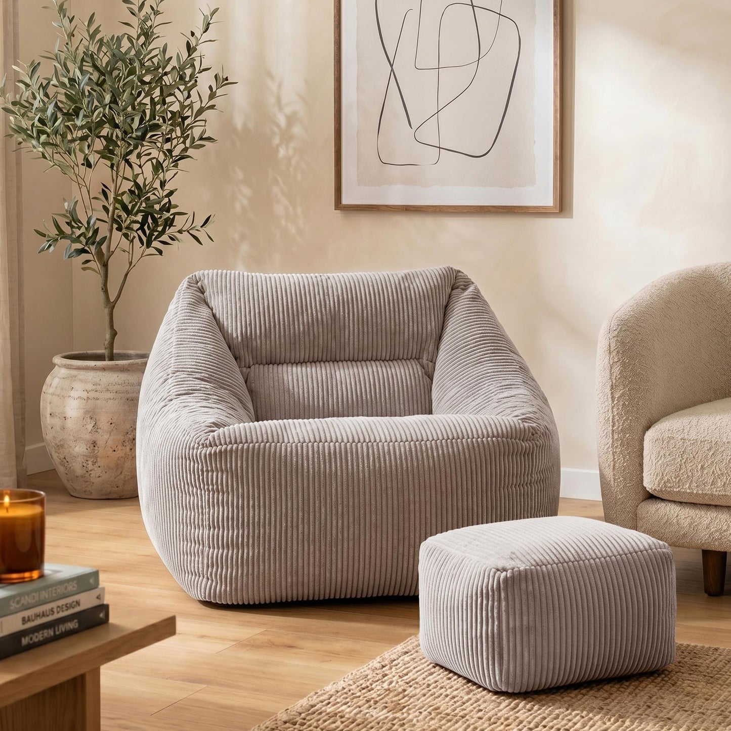 icon Natalia Cord Bean Bag Chair & Footstool with Filling Included, Grey
