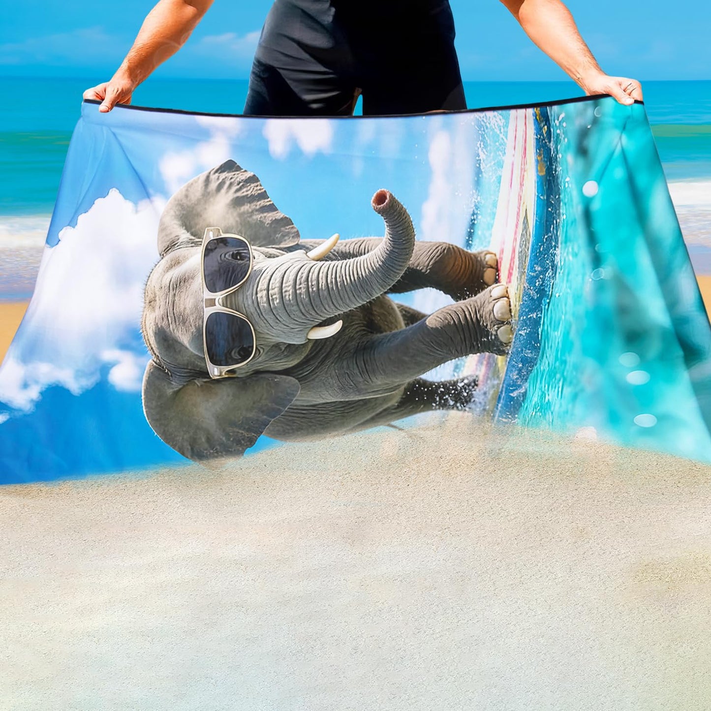 Violetpos Surfing Elephant with Sunglasses Silhouette Beach Towel, Extra Large 180x90 cm 250GSM Microfibre, Sand Free Quick Dry
