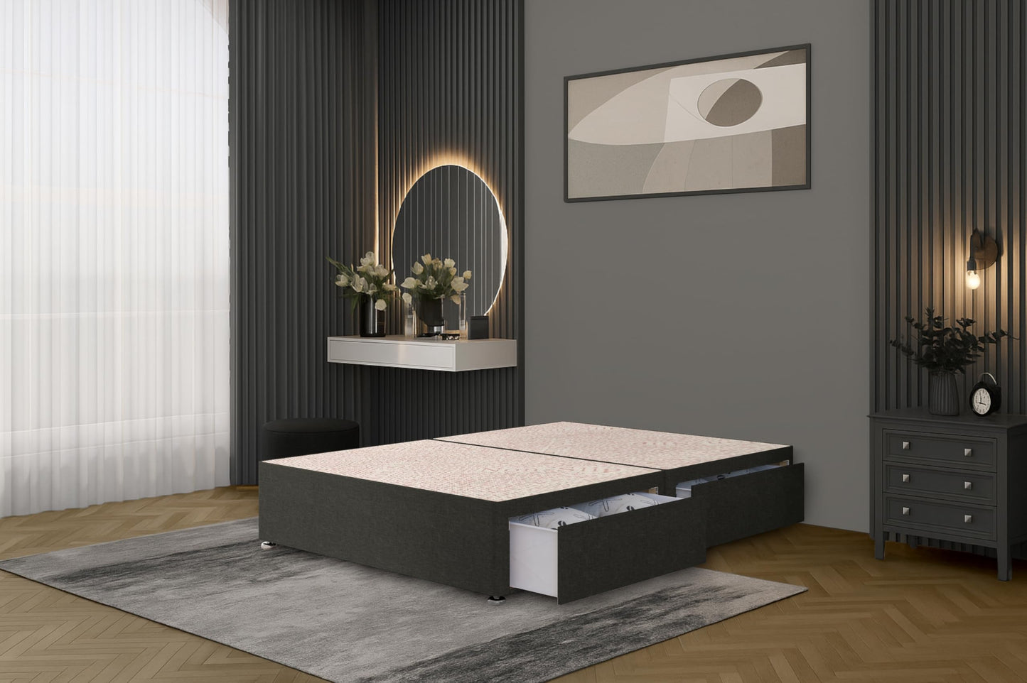 Bed Centre Bliss Grey Linen Divan Base with Optional Drawers and Headboard (4FT6 Double, 2 Drawers Same Side No Headboard)
