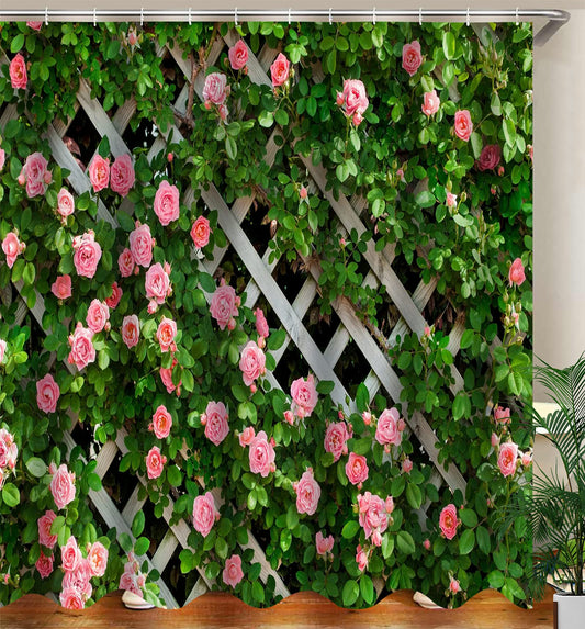 JOOCAR Garden Shower Curtain, Rustic Decor Rosemary Roses Flower on Fence, Waterproof Cloth Fabric Bathroom Decor Set with Hooks, 180x200cm