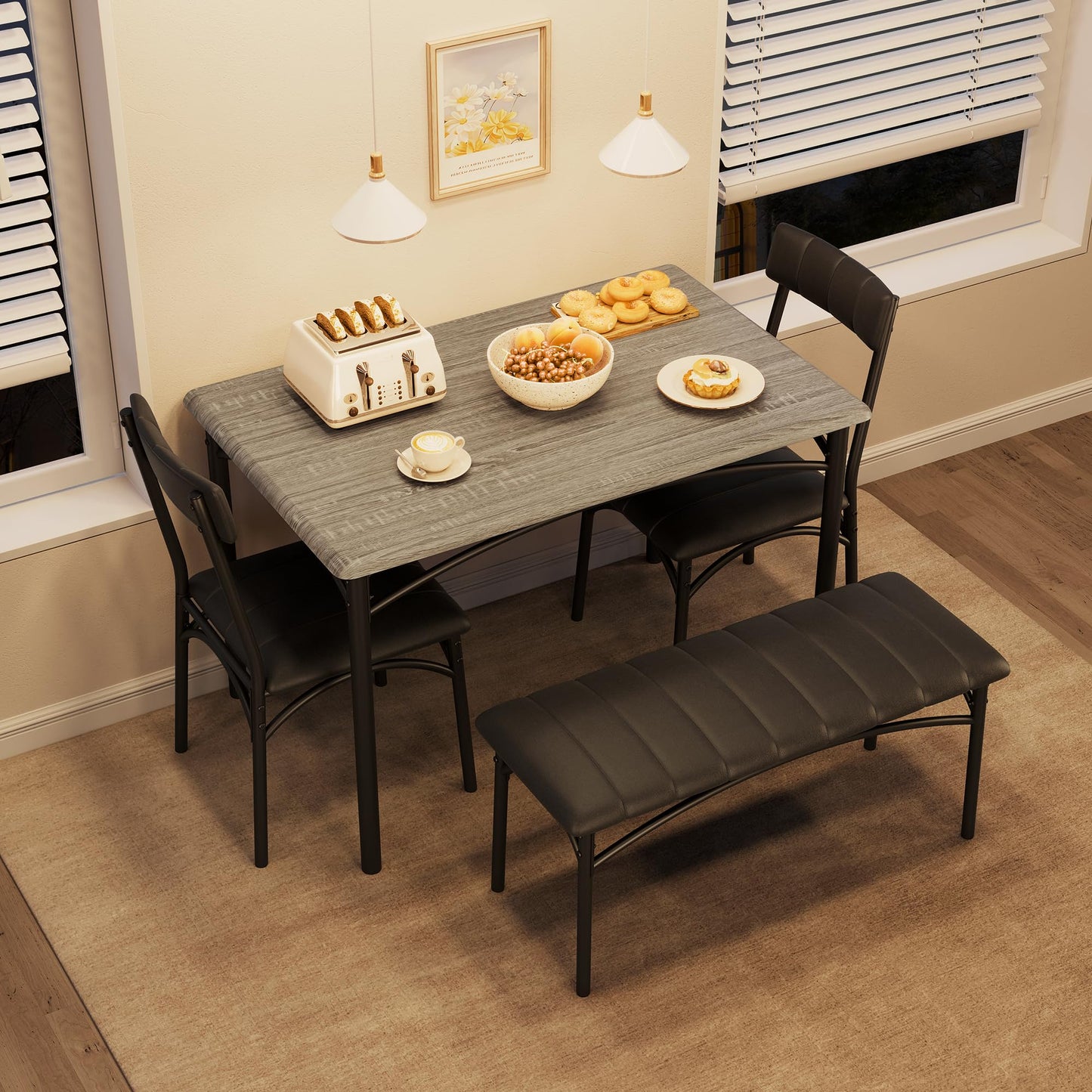 Lidzopas Dining Table Set Upholstered Chairs & Bench, Compact Space-Saving, Industrial Rustic Metal Frame, Sturdy Durable