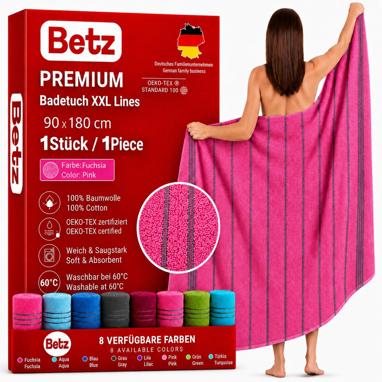 Betz XXL bath towel - large beach towel - sauna towel made of 100% cotton - beach towel - 90x180 cm – LINES colour fuchsia