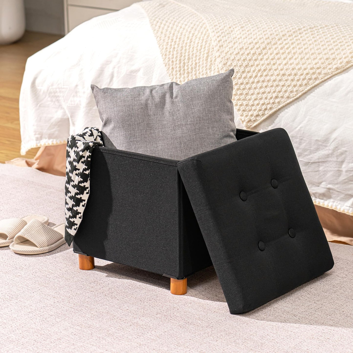 Bonlife Ottoman with Tray, Foldable Storage Box with Wooden Legs