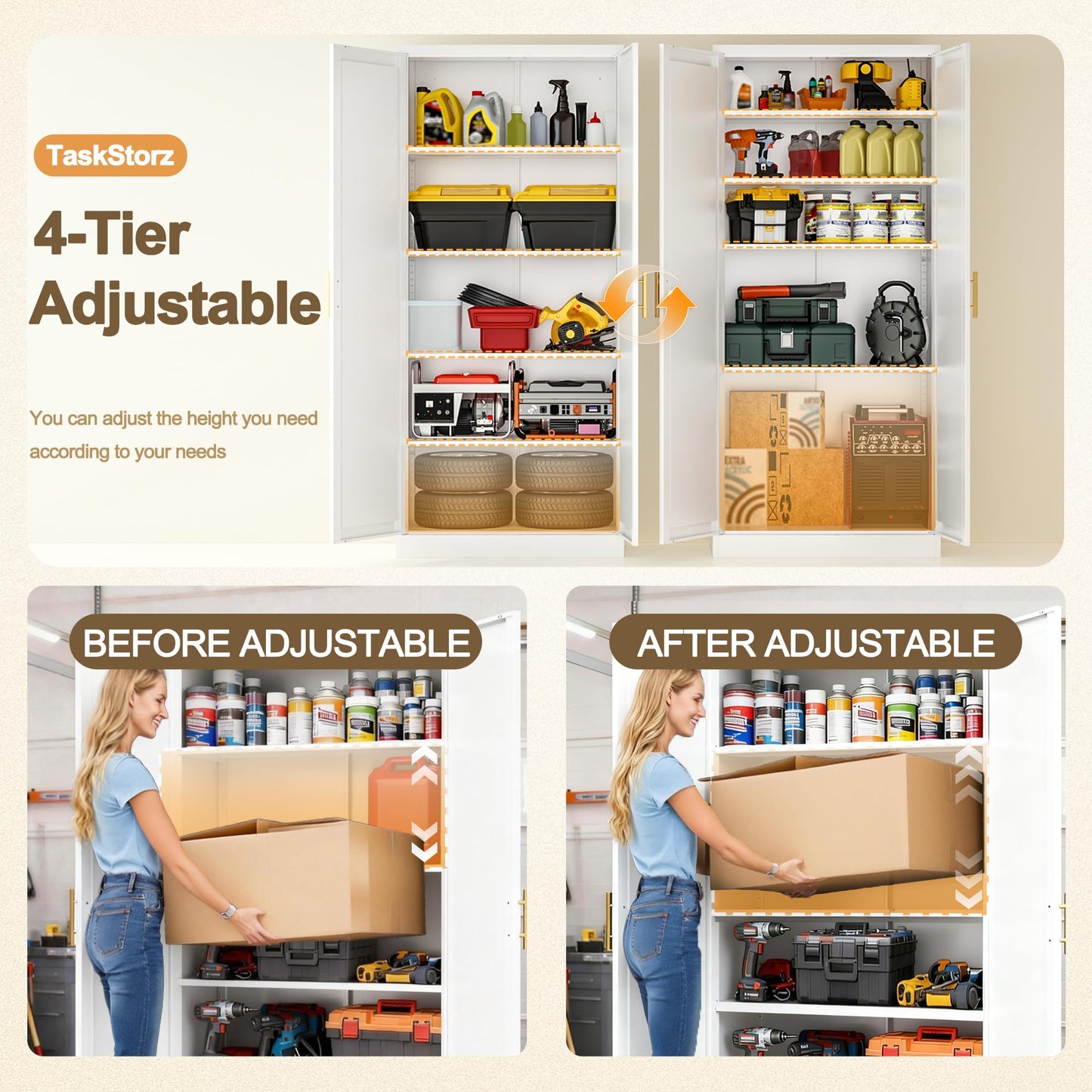Tall Kitchen Cupboard, 180cm Metal Storage Cabinet, White, 180*70*35cm