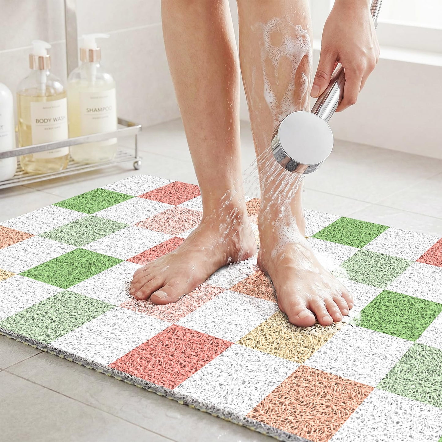 BLESWIN Shower Mat Non Slip 40x80CM, Checkered Shower Quick Dry Mats with Drain, Large Quick Dry PVC Bath Mat for Inside Shower
