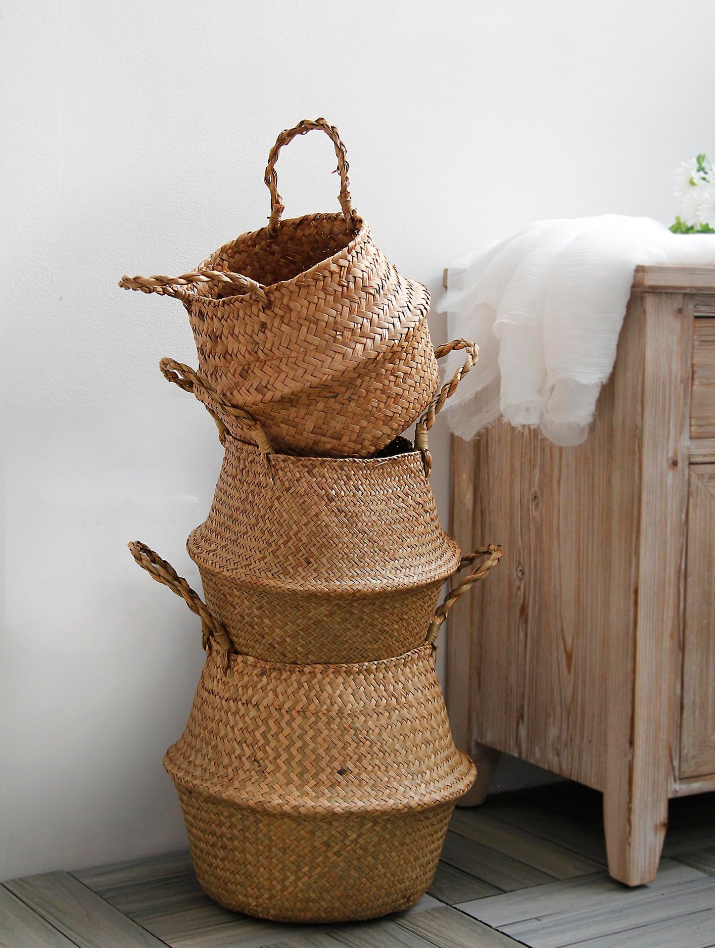 FEILANDUO Seagrass Belly Basket Woven Plant Pot with Handle, Natural Foldable Laundry Toy Storage Baskets for Shelves