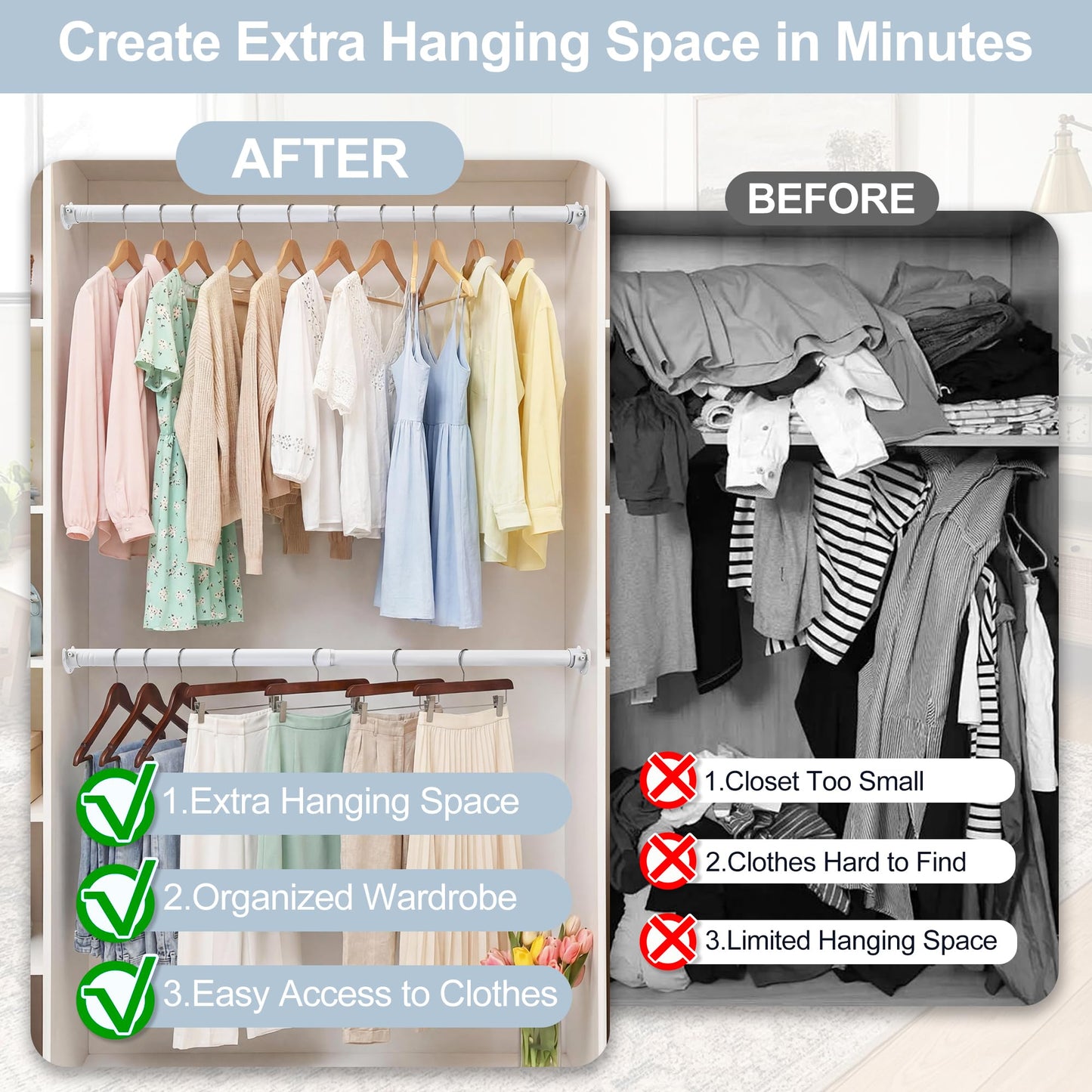 Wardrobe Rail,Extendable Clothes Rails, Stainless Steel adjustable wardrobe pole with Fixing Sockets and Screws for Wardrobe and Cupboard