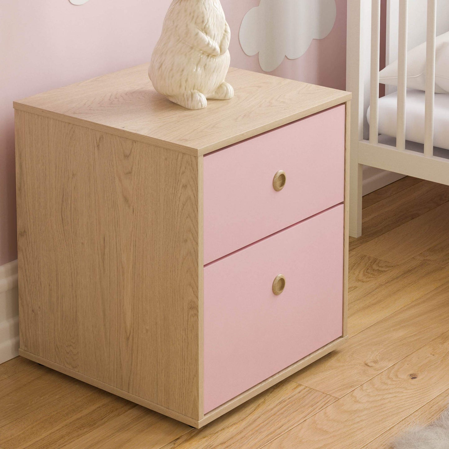 Junior Vida Neptune 2 Drawer Bedside Table Cabinet Chest of Drawers Bedroom Storage Children's Kids Furniture, Set of 2 (Pink & Oak)