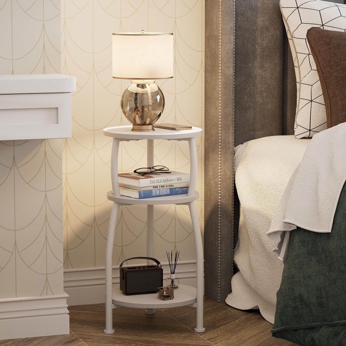 Yuede Round Side Table, 3 Tier Slim Round Coffee Table, Small End Table with Storage Shelf, Bedside Table, for Living Room, Bedroom, Small Space