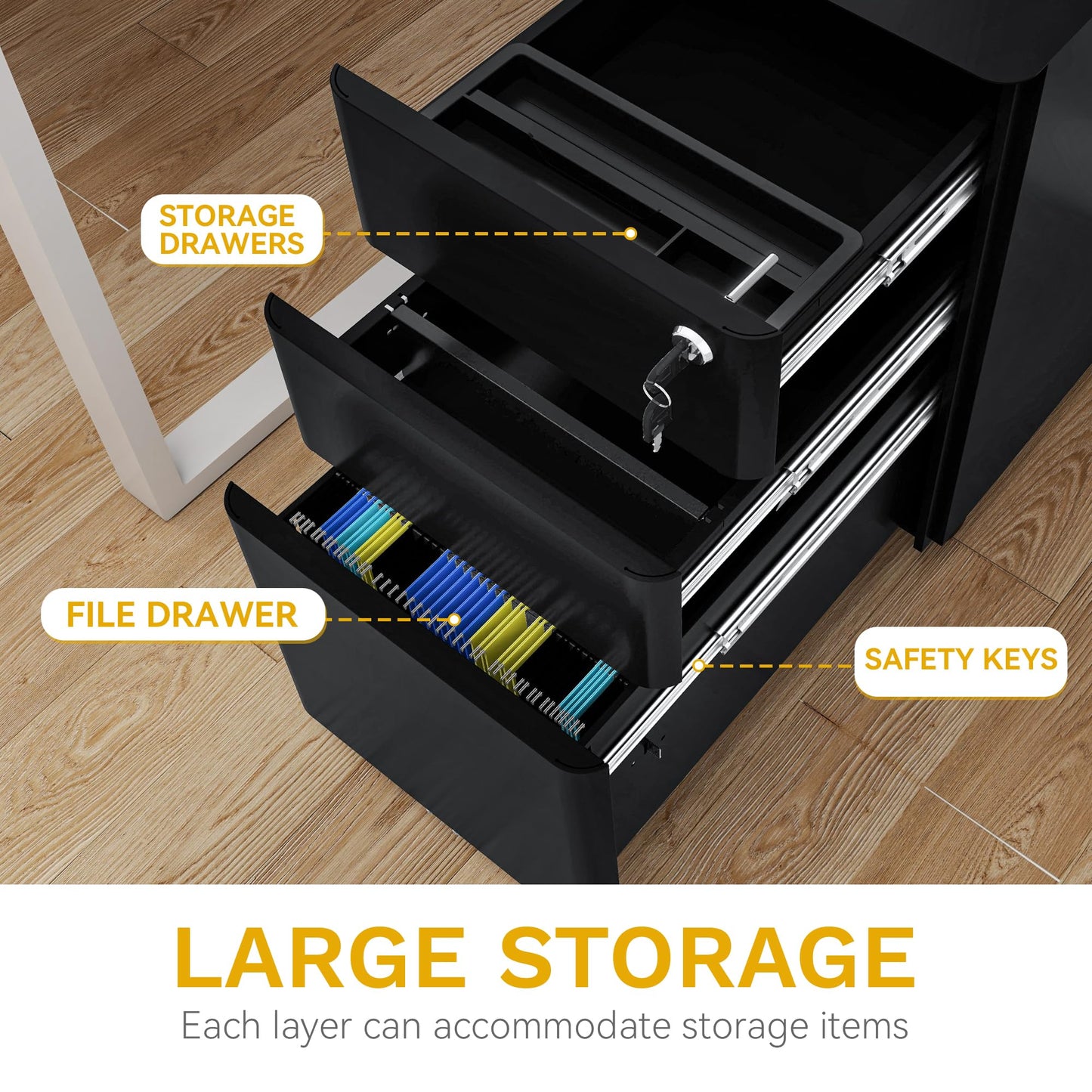 DWVO 3 Drawer Lockable Filing Cabinet Mobile Steel Office Black 30x45x61cm